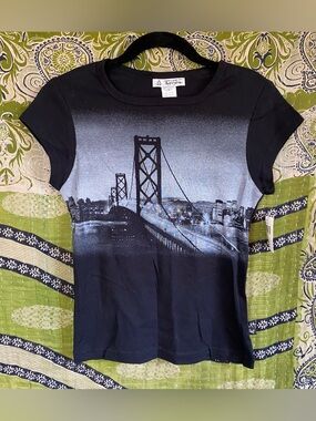 NWT Y2K Self Esteem Grayscale San Francisco Graphic Baby Tee Large Glam Rock